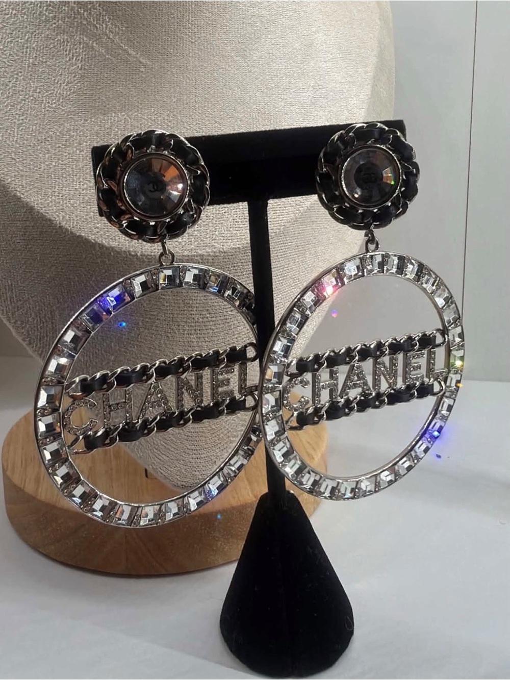 CHANEL Silver Crystal Hoop Logo Clip on Drop Earrings